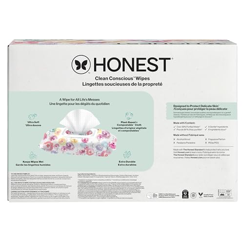 The Honest Company Baby Wipes for Sensitive Skin, Hypoallergenic, Fragrance-Free, Multi-Use, Rose Blossom Design, 576 Count (6 Packs of 96)
