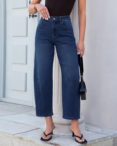 GRAPENT High Waisted Jeans for Women Cute Womens Trendy Barrel Leg Stretchy Baggy Barrel Jeans Cropped Denim Pants, Darkness Blue, S, US Size 4 to 6