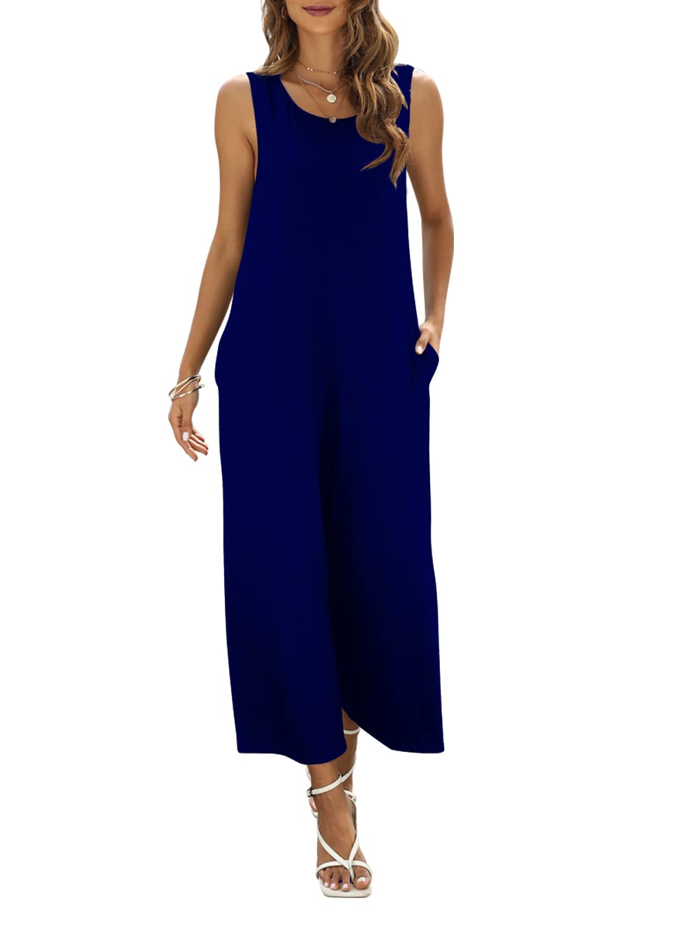 Nfsion Women's Summer Casual Loose Tank Jumpsuit Sleeveless Crewneck Jumpsuit Romper Outfits with Pockets Medium Dark Blue