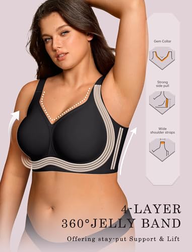 OEAK Womens Wireless Jelly Bra Plus Size Supportive Seamless Bras Full Coverage Push Up Comfortable No Underwire Tshirt Bras Black XL