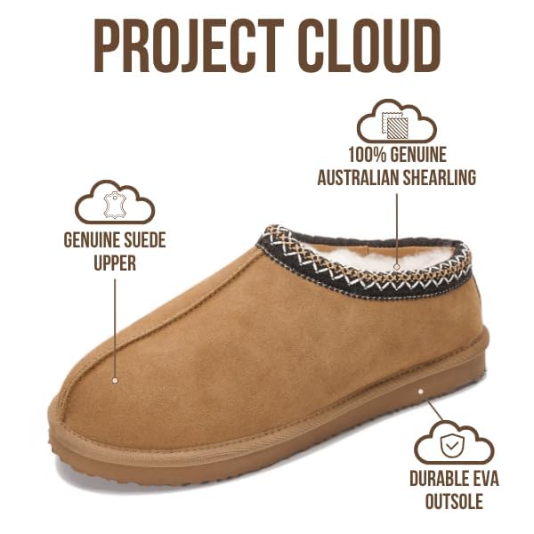 Project Cloud Mens Slippers 100% Genuine Leather with Australian Shearling Lining & Memory Foam Insole Outdoor & House Slippers for Men - Non-Slip Fuzzy Mens Shoes(Relaxation, CHSTNUT, 11.5) Chestnut