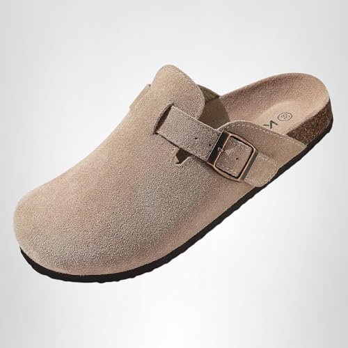 KIDMI Genuine Suede Clogs for Women Cork Footbed Sandals Leather Mules Potato Shoes with Arch Support Taupe 40 (Size 8.5)