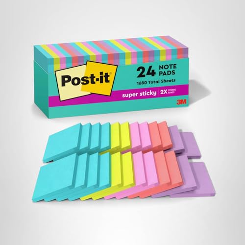 Post-it Super Sticky Notes, 24 Sticky Note Pads, 3 x 3 in., Ideal for Organization in Your Dorm, Home or Office, 2X The Sticking Power, Supernova Neons Collection