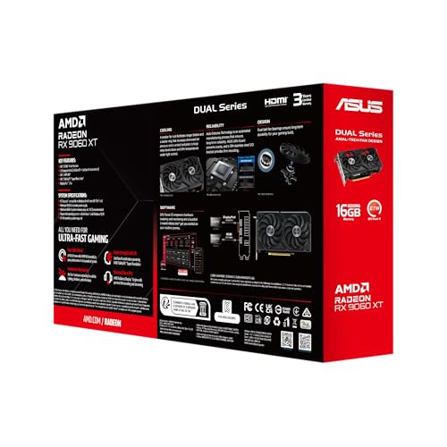 ASUS Dual Radeon™ RX 9060 XT 16GB GDDR6 Graphics Card (PCIe 5.0, HDMI 2.1b, DisplayPort 2.1a, 2.5-Slot Design, Axial-tech Fan Design, 0dB Technology, and More)