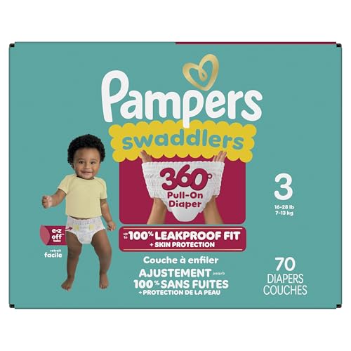Pampers Diapers - Swaddlers 360° - Size 3, 70 Count, up to 100% Leakproof Comfy Dry Fit, Designed for Easy Changes, Pull On Baby Diaper (Packaging May Vary)