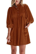 Opemiby Womens Casual Dresses Corduroy Button Up Empire Waist 3/4 Sleeve Fall Winter Mini Babydoll Dress Gold Flame L
