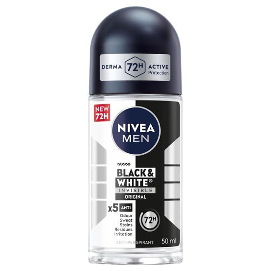 NIVEA MEN Black & White Original Anti-Perspirant Roll On (50ml), 72hr Anti-Sweat Roll On Deodorant for Men, No Stains on Black and White Clothes