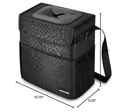 SIBOFUEGO Cute Car Trash Can with Lid – Multipurpose Collapsible Trash Bin for Car, Leak-Proof Organizer, Waterproof Garbage Can with Storage Pockets & Adjustable Straps, 2 Gallons (Black Leopard)
