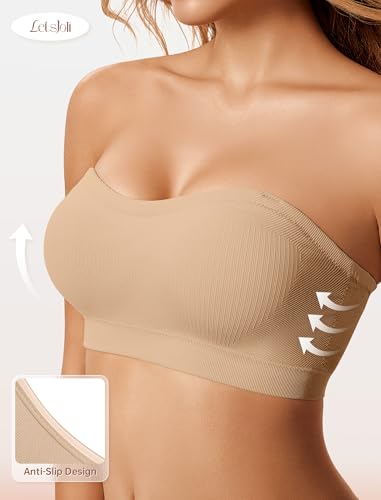 LetsJoli Push Up Strapless Bras for Women Supportive Bandeau Bra Non Slip Wireless No Underwire Padded Tube Bra(Nude,M)