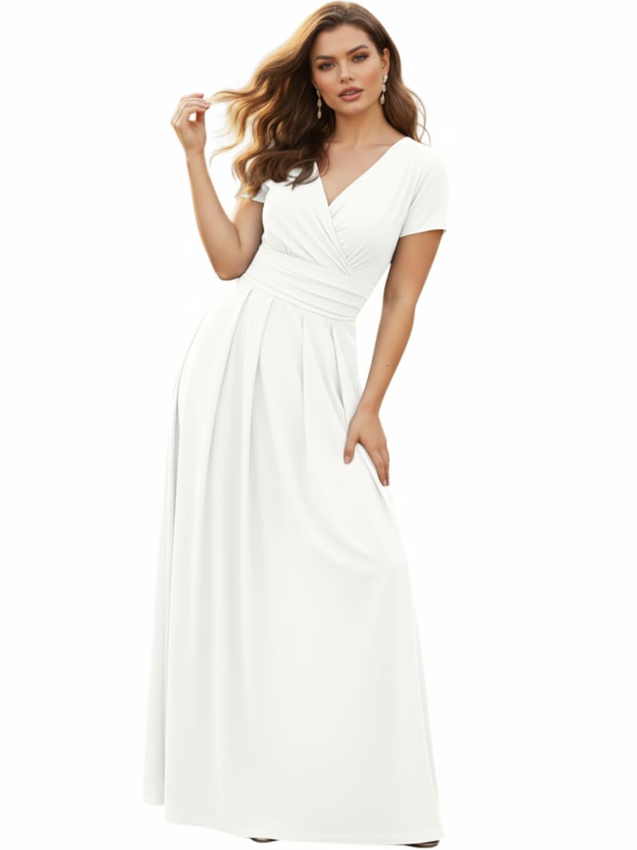 KOH KOH Plus Size Long Pleated Short Cap Sleeve V-Neck Flowy Wedding Guest Bridesmaid Dressy Elegant Evening Empire Waist Spring Summer Modest Maxi Dress Gown, White 2XL 18-20