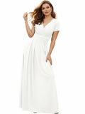 KOH KOH Plus Size Long Pleated Short Cap Sleeve V-Neck Flowy Wedding Guest Bridesmaid Dressy Elegant Evening Empire Waist Spring Summer Modest Maxi Dress Gown, White 2XL 18-20