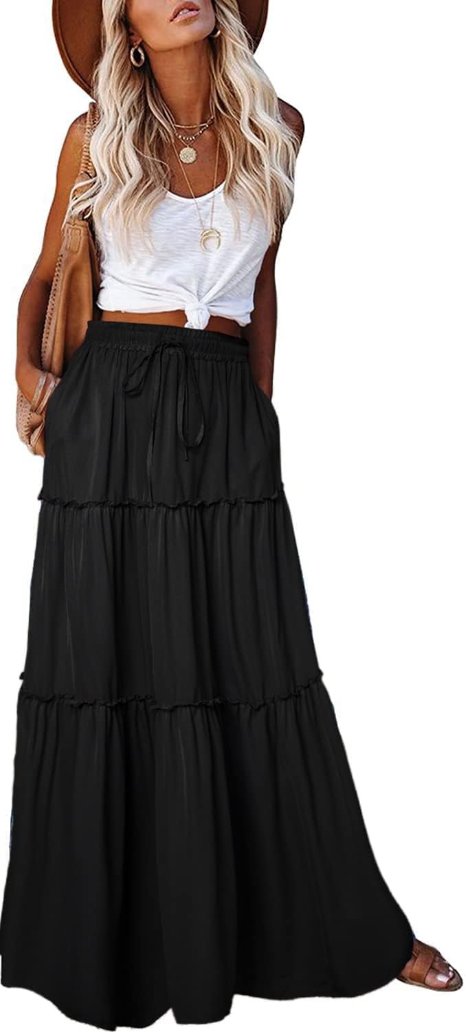 EARKOHA Trendy Lightweight Drawstring Tiered Ruffles Paisley Hippie Plus Size Bohemian Long Maxi Skirt with Deep Pockets for Office Music Festival Travel Picnic Dating Fall Outfits Black M