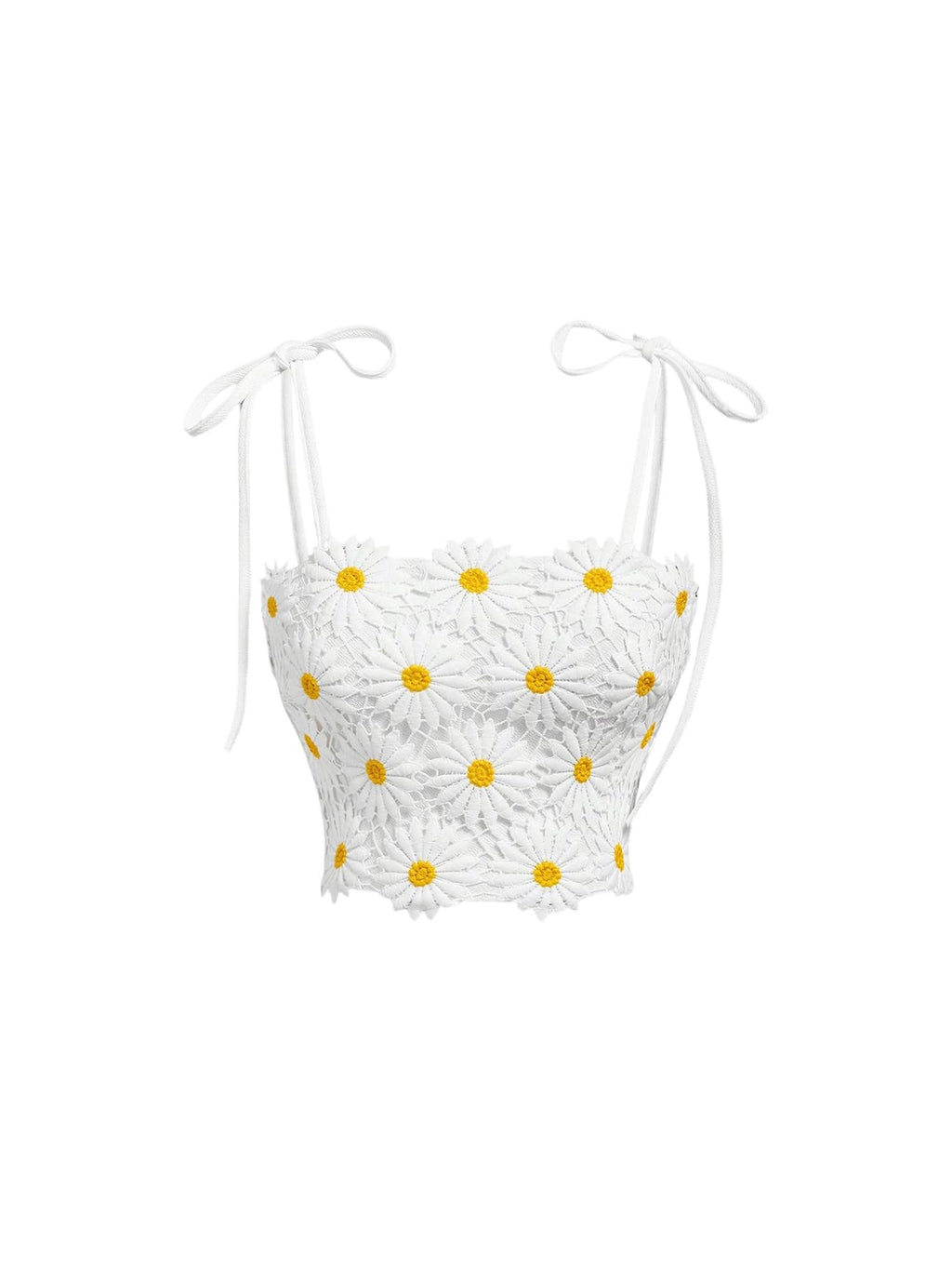 WDIRARA Women's Boho Daisy Floral Guipure Crop Top 3D Flower Tie Shoulder Square Neck Cute Cami Top White Large