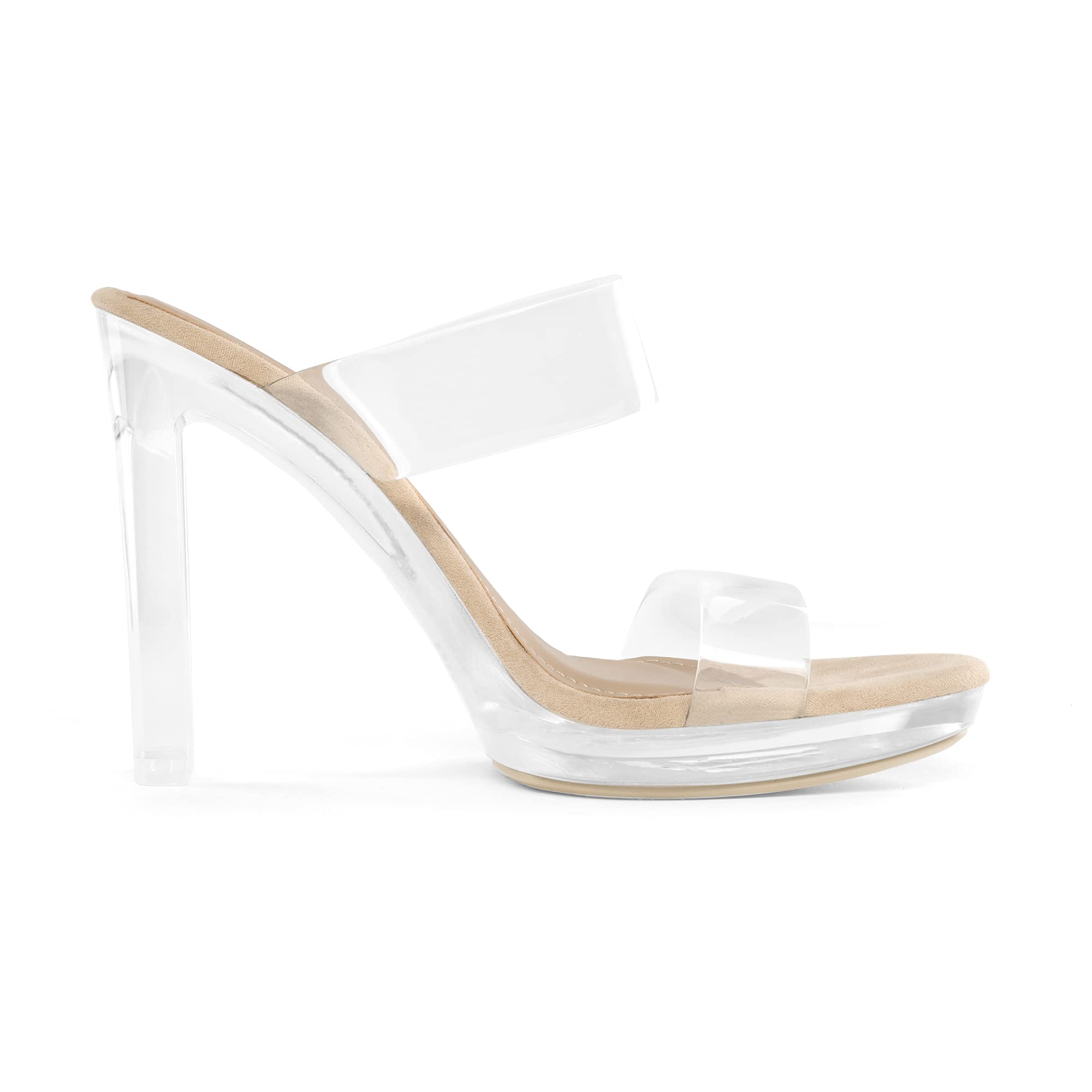 DREAM PAIRS Women's Clear Two Strap Open Toe High Block Chunky Slip on Dress Heel Sandals,Size 7,Nude/Clear,DHS217