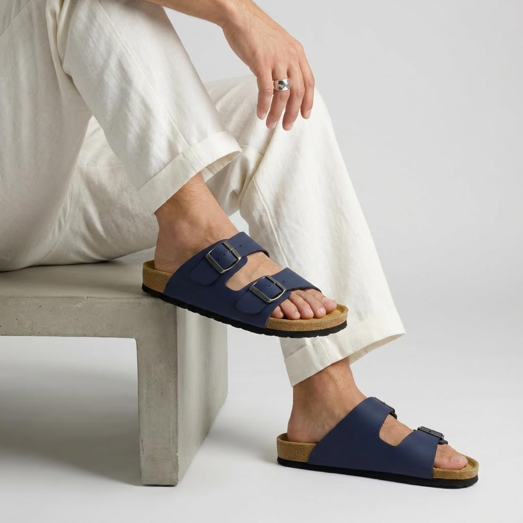 CUSHIONAIRE Lane Cork Footbed Mens Sandals, Adjustable Buckle Comfort Slides for Men, Genuine Leather Insole Summer Sandals Men Footwear, NAVY 8