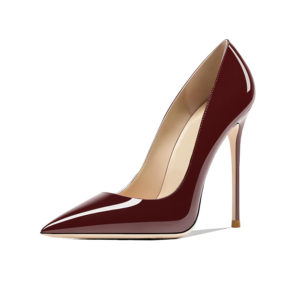 Qunvngutui Women's Pointed Toe Shallow Stiletto Heels 4.7 Inch Pumps Wedding Party Banquet Shoes Wine Red Patent Leather US5