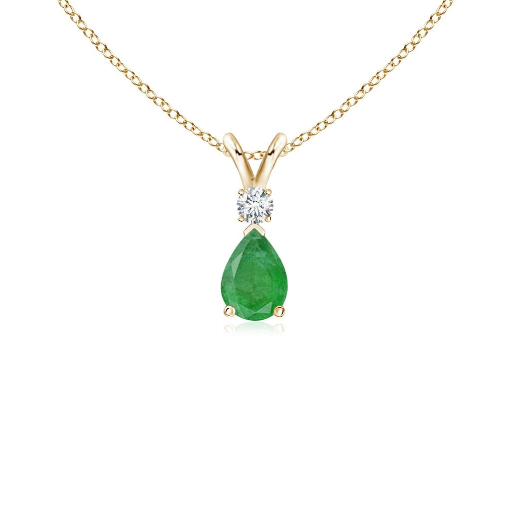 Angara 0.38 ct Emerald Teardrop V-Bale Necklace with Diamond in 14K Yellow Gold | Natural Prong-Set Emerald Pendant for Women | July Birthday Gemstone Jewelry Gift | 6x4mm