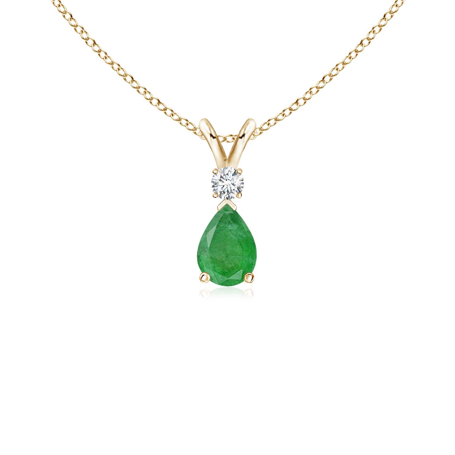 Angara 0.38 ct Emerald Teardrop V-Bale Necklace with Diamond in 14K Yellow Gold | Natural Prong-Set Emerald Pendant for Women | July Birthday Gemstone Jewelry Gift | 6x4mm