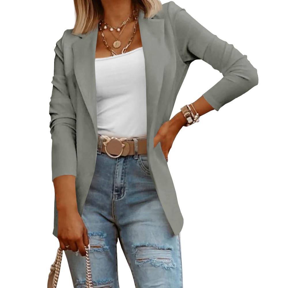 Womens Casual Long Sleeve Blazers Solid Color Knit Blazer Work Office Open Front Blazer Jacket Grey