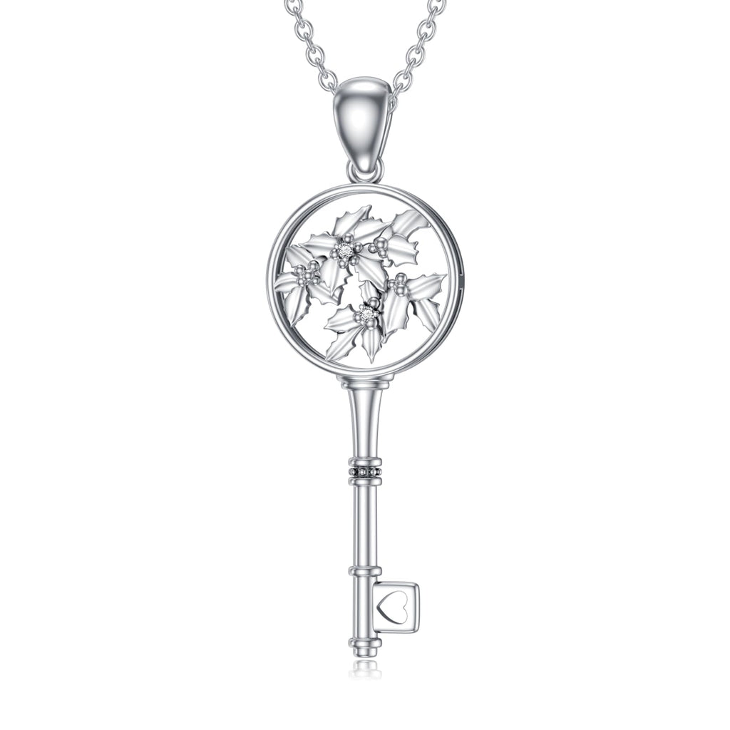 LWXIE Diamond Key Necklace 925 Sterling Silver Birth Flower Key Pendant Necklace Birthday Mother's Day Jewelry Gifts for Women