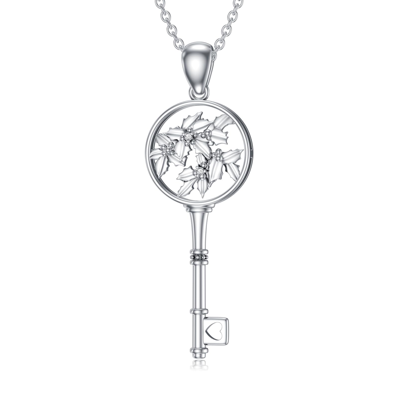 LWXIE Diamond Key Necklace 925 Sterling Silver Birth Flower Key Pendant Necklace Birthday Mother's Day Jewelry Gifts for Women
