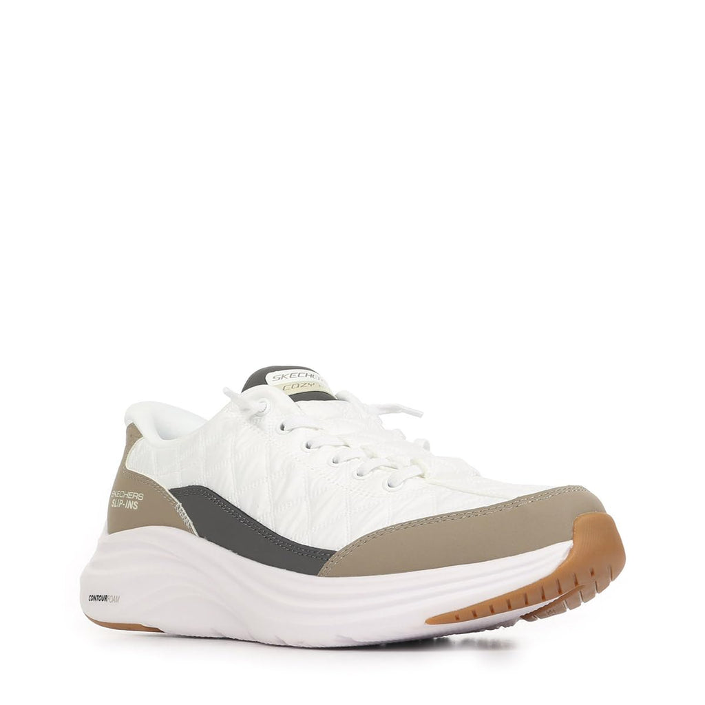 Skechers Men's Contour Foam Cozy Fit Hands Free Slip-in Sneaker,White/Taupe,7.5 Wide