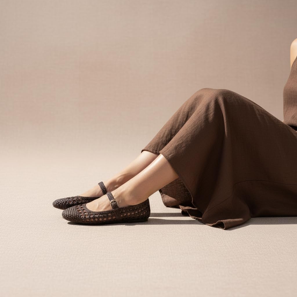 CUSHIONAIRE Windsor Woven Womens Flats with Adjustable Strap – Comfortable Mary Jane Ballet Flats for Women, Brown 10W