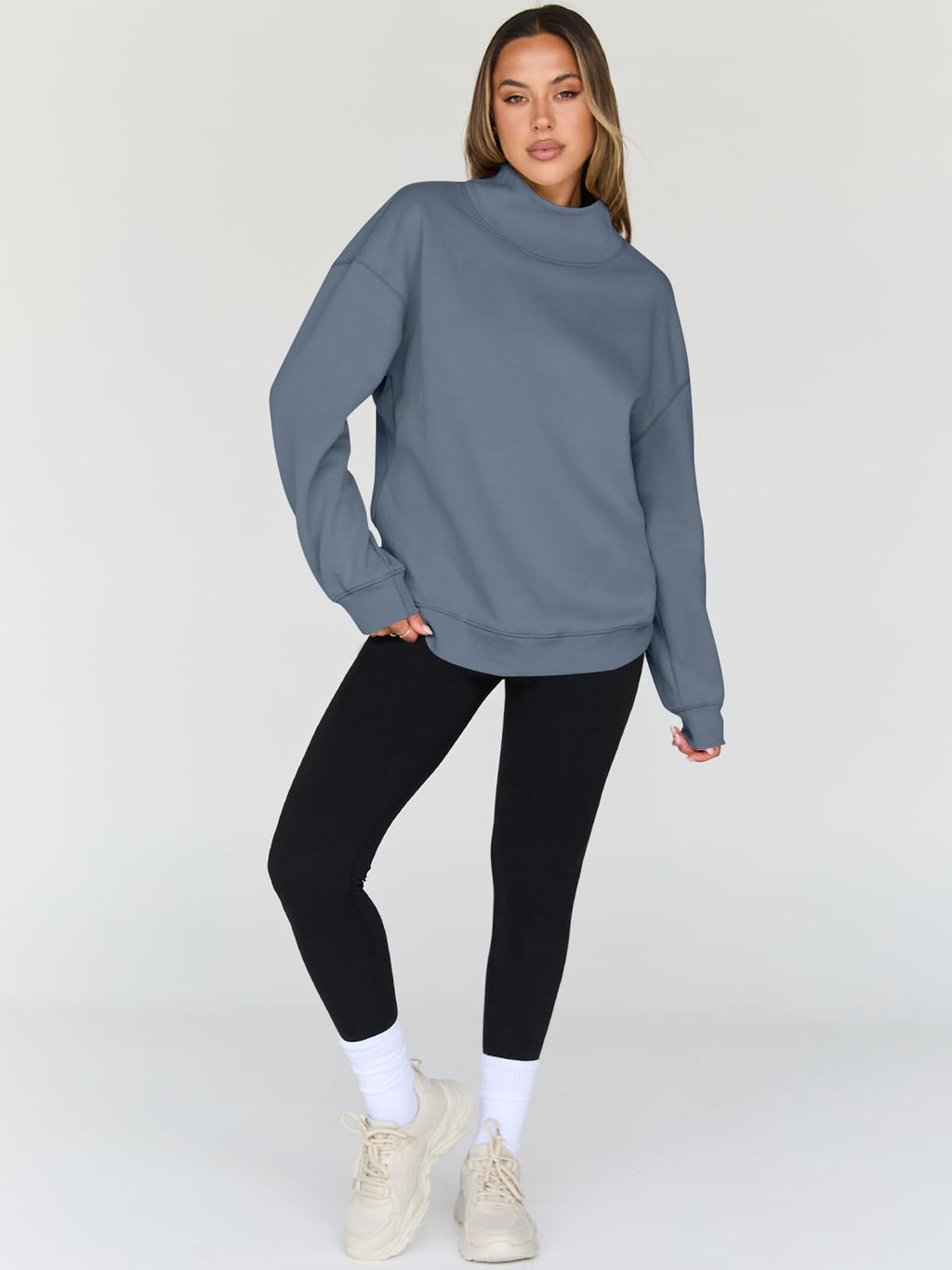 Trendy Queen Womens Oversized Sweatshirts Turtleneck Pullover Long Sleeve Hoodies Tops Fall Fashion Outfits 2026 Clothes GreyBlue M