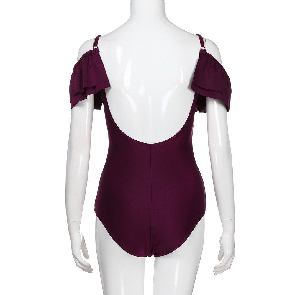 wodceeke Women's Ruffles One-Piece Swimsuit Off Shoulder Siamese Bikini Beachwear Swimwear(Wine,M)