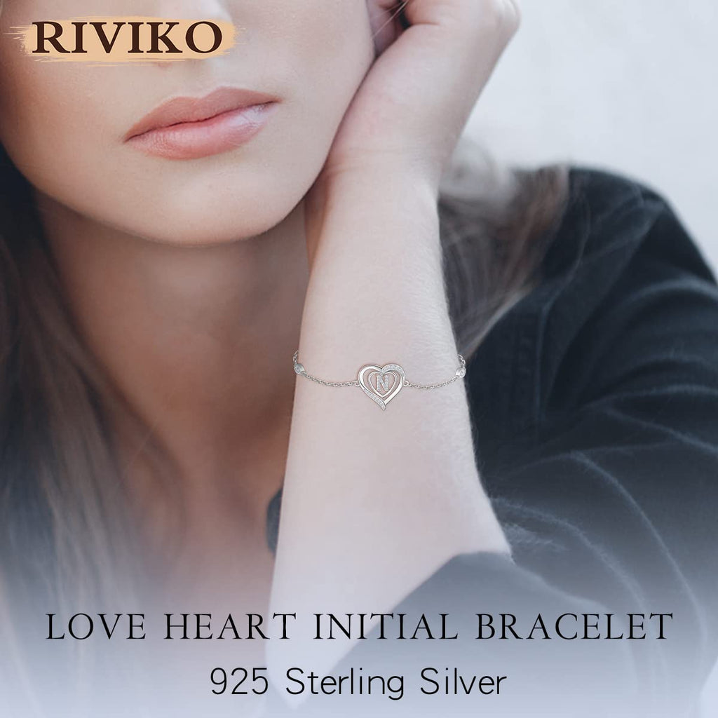 RIVIKO Heart Initial Bracelets for Women, 925 Sterling Silver Letter N Bracelets,Mothers Day Gifts for Wife