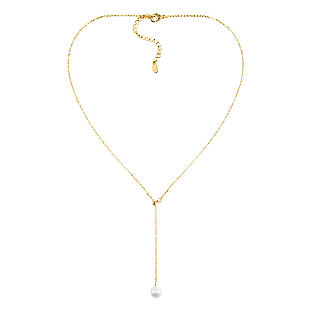 Single Natural-Pearl Y-Shape Adjustable Choker Necklace - Rose Gold / 18K Gold / White Gold Plated Ladies 1MM Tiny Chain Dainty Drop Dangle Pearl Necklace, Wedding Valentine Mother day Pearl Jewelry Gifts for Women. (18K Gold)