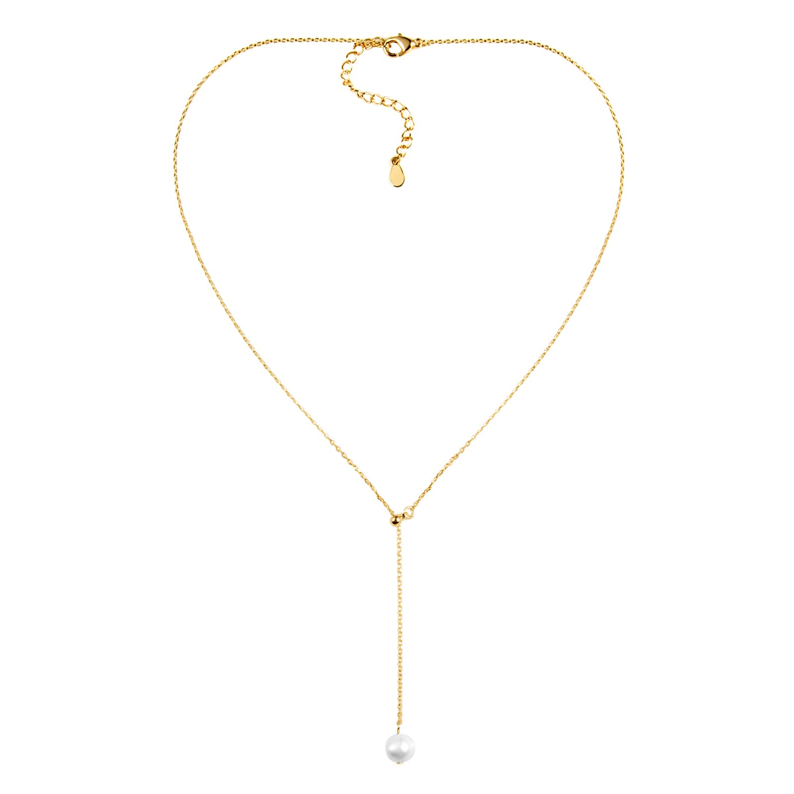 Single Natural-Pearl Y-Shape Adjustable Choker Necklace - Rose Gold / 18K Gold / White Gold Plated Ladies 1MM Tiny Chain Dainty Drop Dangle Pearl Necklace, Wedding Valentine Mother day Pearl Jewelry Gifts for Women. (18K Gold)
