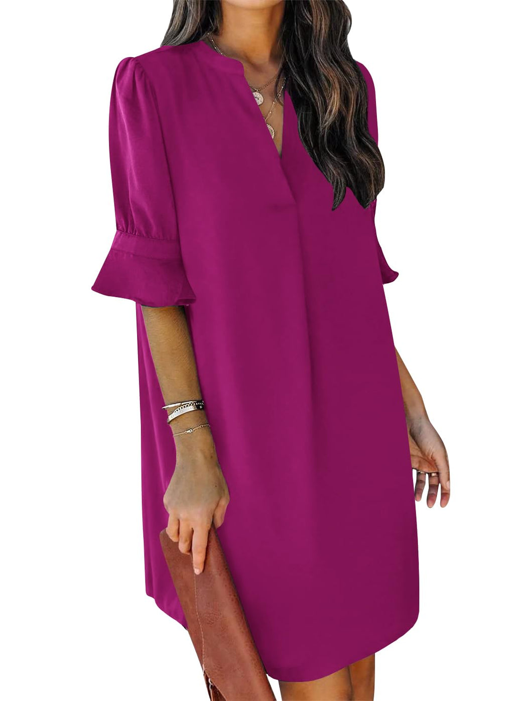 QACOHU Summer Dresses for Womens 2025 V-Neck Short Sleeve Breathable Soft Skin-Friendly Comfortable Tunic Dress Rosy L
