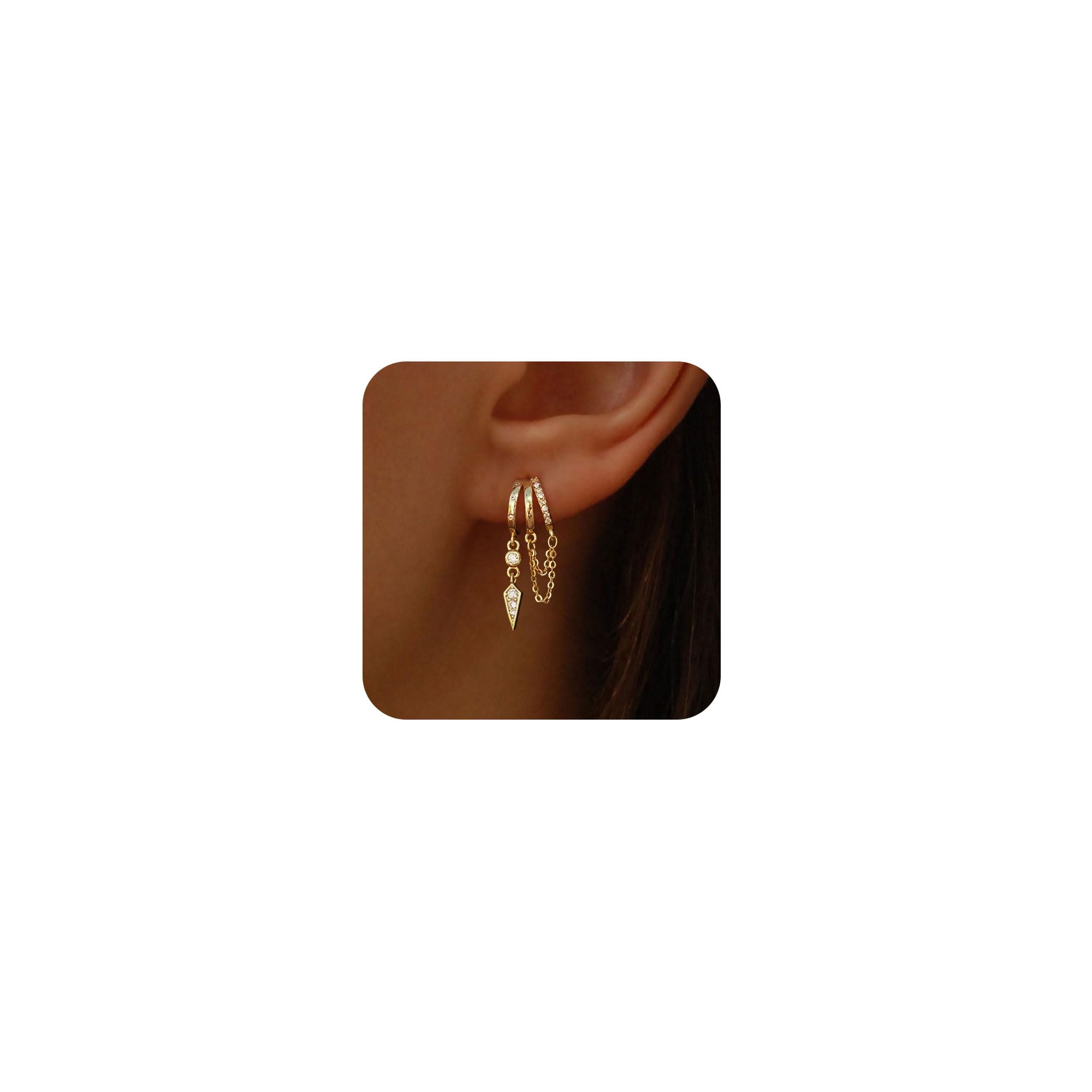 SELSHE Huggie Earrings for Women,Dainty Chain Earrings 14k Gold Plated Long Drop Earrings Hypoallergenic Small Triple Hoop Earrings for Women Trendy Cute Statement Earring Fashion Womens Jewelry