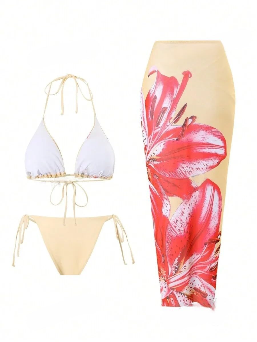 ZAFUL Womens 3pcs Swimsuit Floral Halter Triangle Bikini Top Tie Side Bottom with Long Sheer Cover Up Skirt Beige M
