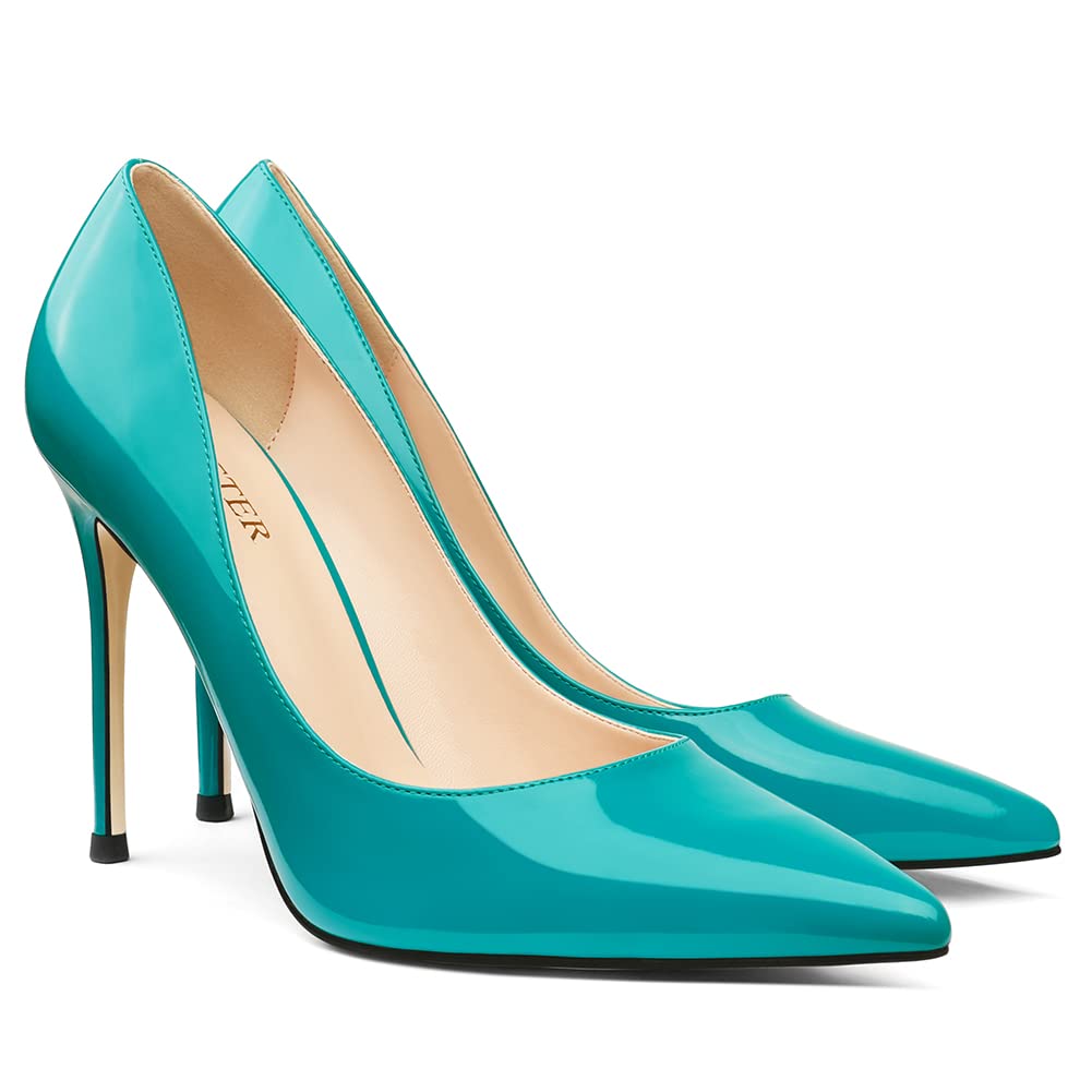 COLETER Women's 4 Inch Pumps Pointy Toe Wedding Dress Shoes Slip on Stiletto Pumps Patent Teal 11US