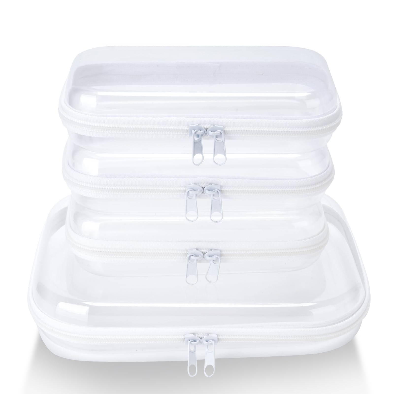 WELPIRT 4 pcs Clear Zipper Pouches,Hard Shell Zipper Case, Toiletry Bag for Travel, CLear Diaper Bag, Toiletry Pouch, Travel Organizer, Cosmetic Bag,Toy Storage Bins (M+3S)