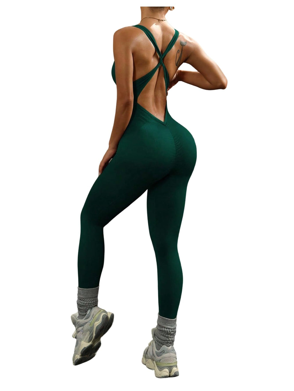 WDIRARA Women's Workout Jumpsuit V Neck Sleeveless Criss Cross Backless Yoga Jumpsuit Pants Romper Dark Green Large