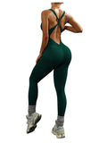 WDIRARA Women's Workout Jumpsuit V Neck Sleeveless Criss Cross Backless Yoga Jumpsuit Pants Romper Dark Green Large