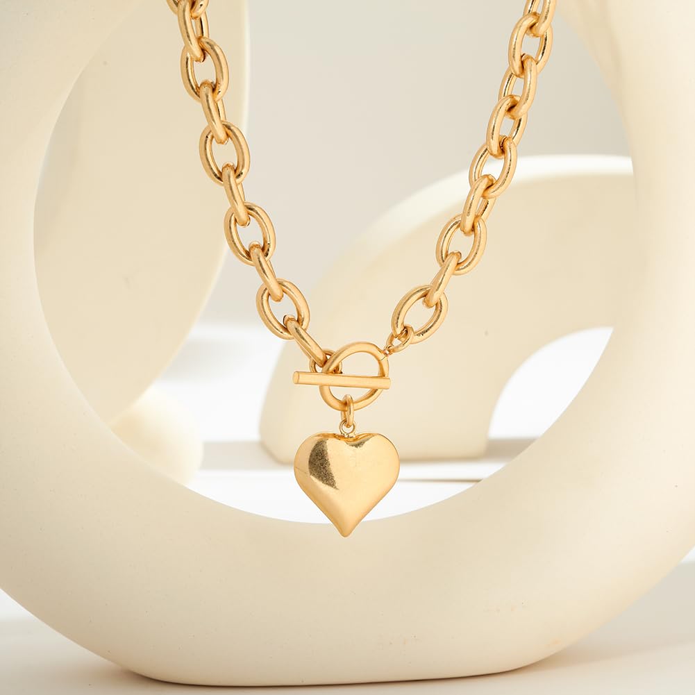 CLASSYZINT Gold Chunky Puffy Heart Pendant Necklaces for Women, Big Heart Chain Link Necklace Toggle Clasp Heart Charm Necklaces