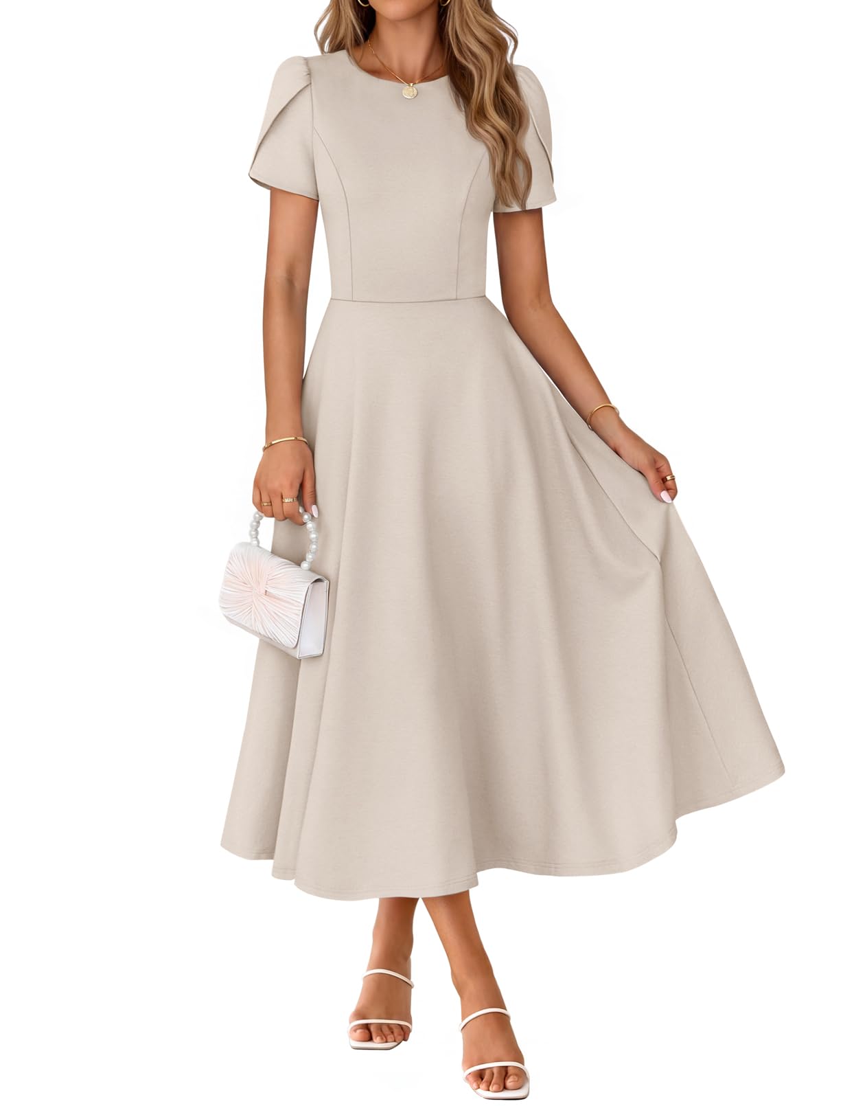 MEROKEETY Women's 2026 Summer Midi Dresses Short Sleeve Crewneck A Line Pleated Wedding Guest Flowy Long Dress with Pockets, Apricot, Large