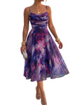 CHICME Womens Tie Dye Mesh Midi Dress 2026 Summer Cowl Neck Adjustable Strap A Line Cinched Zipper Back Cocktail Party Dress-DPU-L Dark Purple