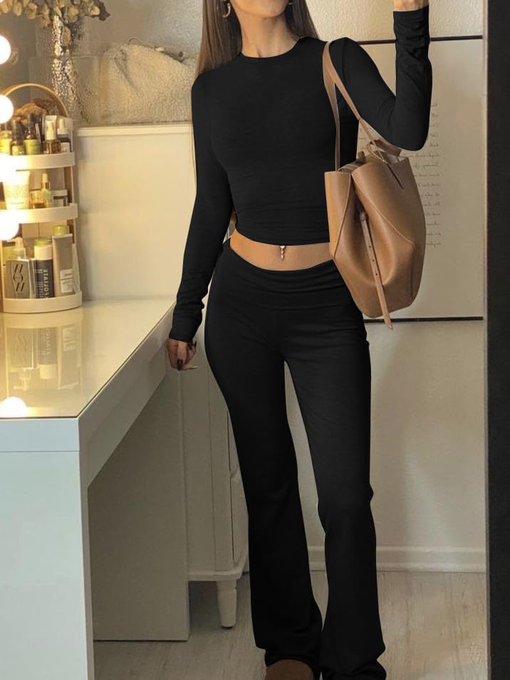 AYWA Women's 2 Piece Outfits Foldover Flare Pants Long Sleeve Crew Neck T-shirt Fitted Pajama Sets (Jet Black, Medium)