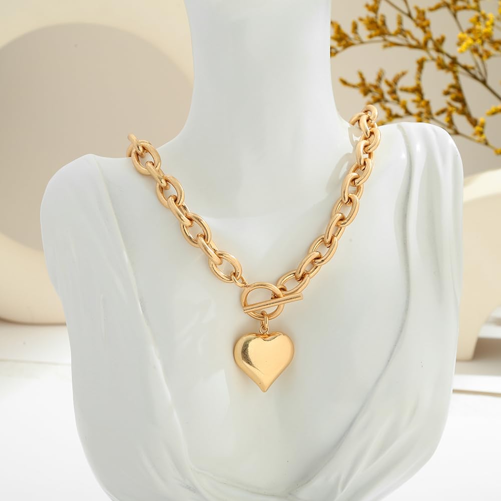 CLASSYZINT Gold Chunky Puffy Heart Pendant Necklaces for Women, Big Heart Chain Link Necklace Toggle Clasp Heart Charm Necklaces