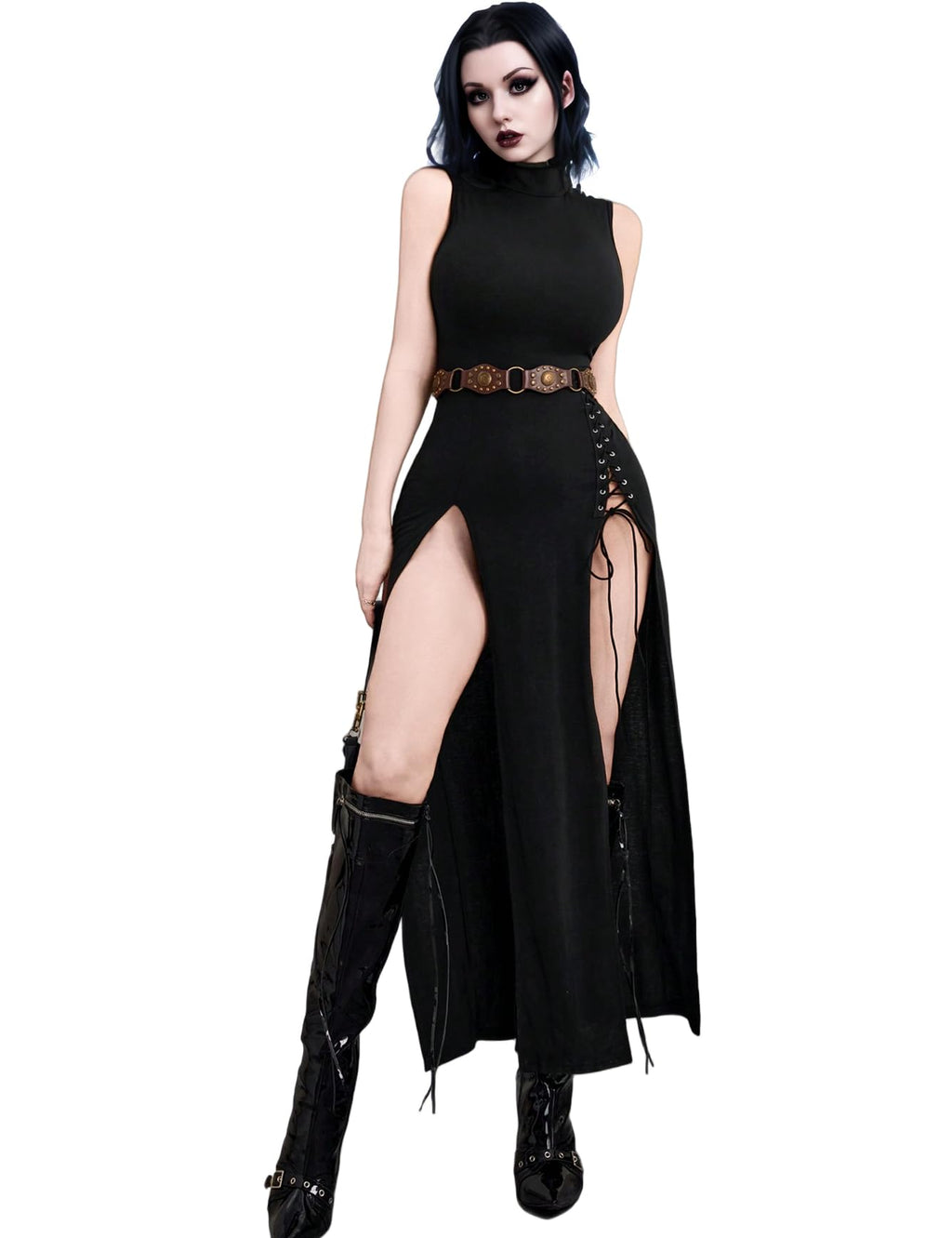 InGoticos Women's Gothic Mock Neck Split Thigh Lace Up Tank Goth Dress Without Belt Black