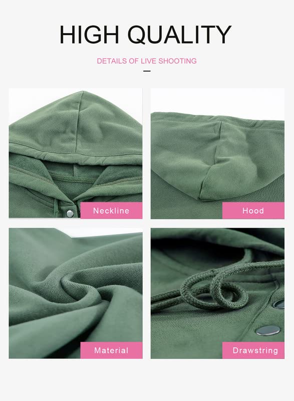Dokotoo Hoodies for Women Drawstring V Neck Long Sleeve Front Button Collar Hooded Pullover Hoodie with Pockets Christmas Sweatshirt Loose Fit Casual Ladies Shirt Tops Winter Clothing Green Medium
