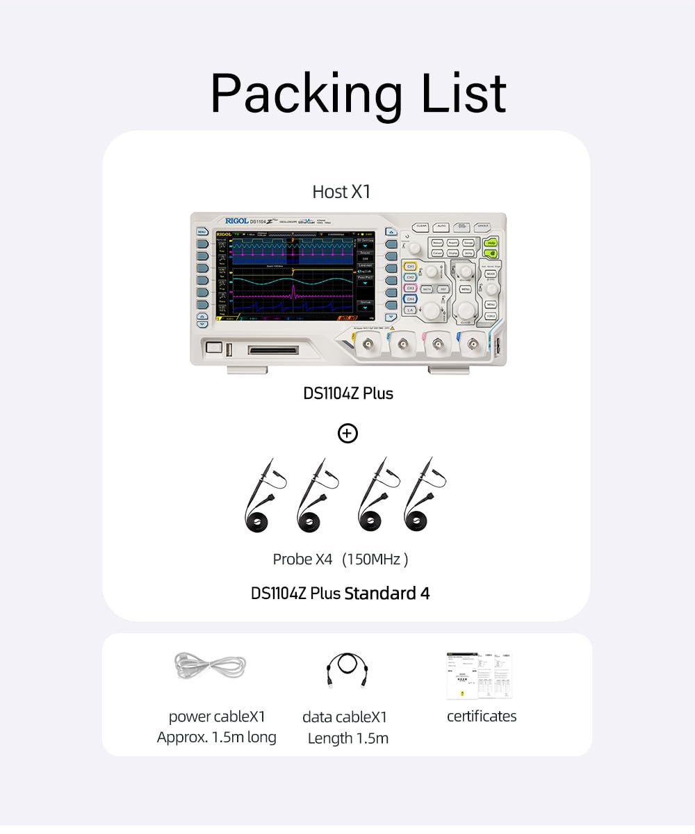 Rigol DS1104Z-S Plus 100 MHz Digital Oscilloscope with 4 Channels and 16 Digital Channels + 25 MHz Bandwidth with 2 Signal Source Channels