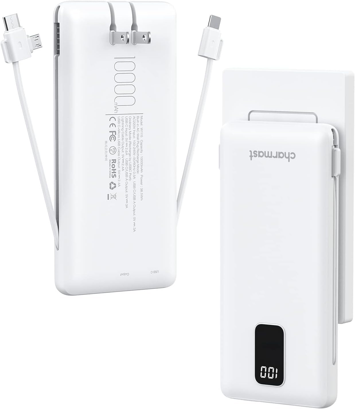 charmast Portable Charger with Built-in Cables and Wall Plug, 10000mAh USB C Portable Power Bank, Potable Phone Charger, Travel Essentials Compatible with iPhones, Samsung Galaxy, iPad
