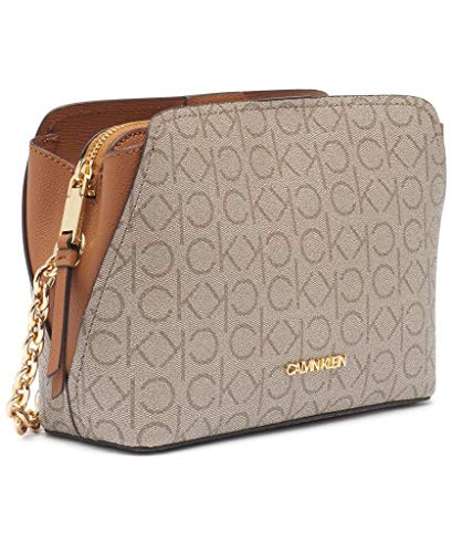 Calvin Klein Women's Hailey Signature Triple Compartment Chain Crossbody, Textured Almond/Taupe/Caramel Linear, One Size