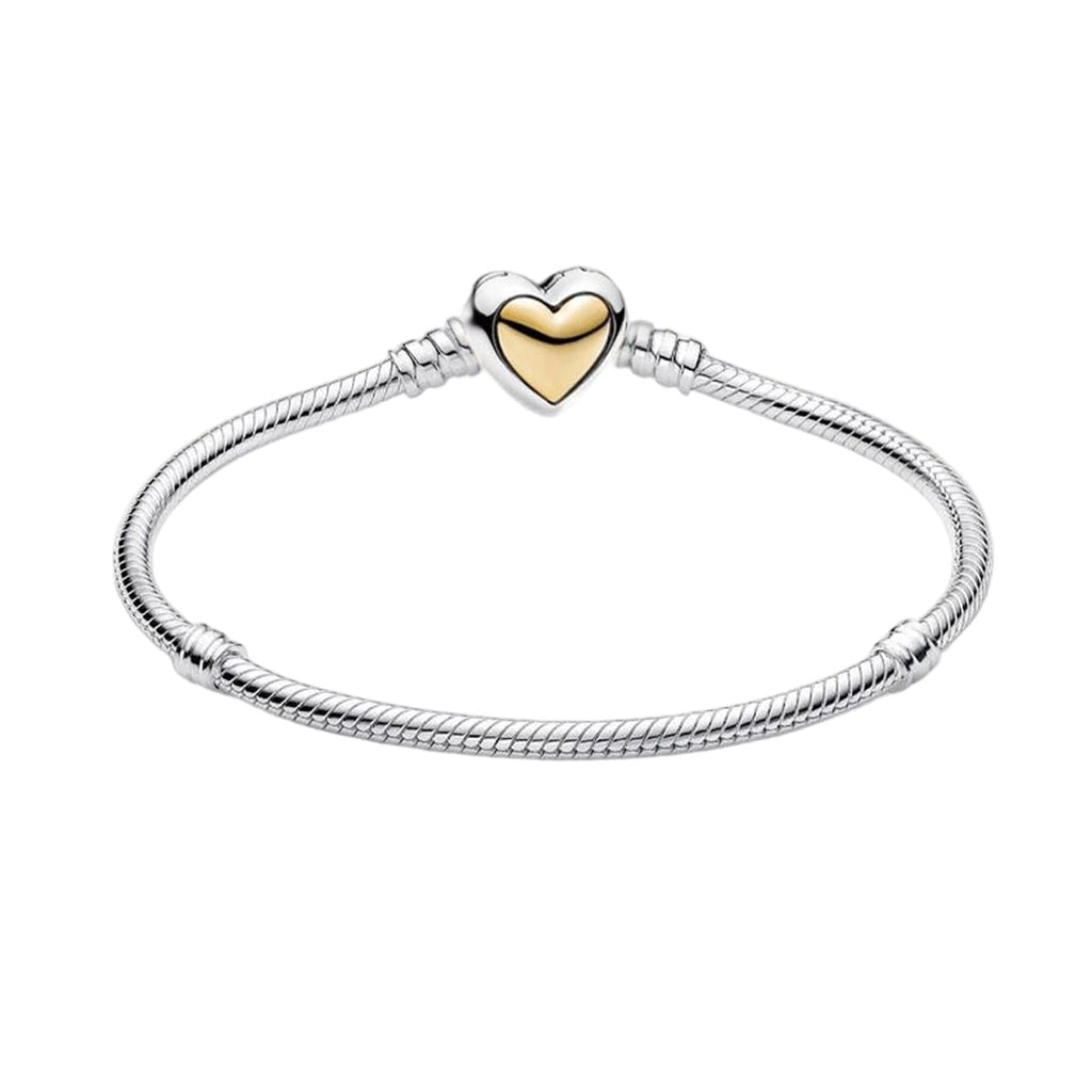 Annmors 925 Sterling SIlver Snake Chain Bracelet with Arch-shaped Gold Heart Clasp Compatible with Women's Bangle Charm & Pendants